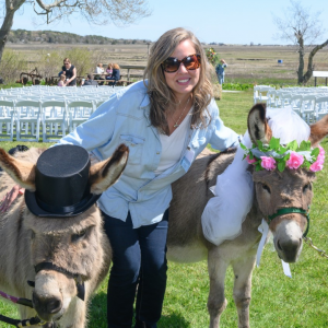 A Latham Friend takes photo with two-donkeys dressed 为 a "wedding."